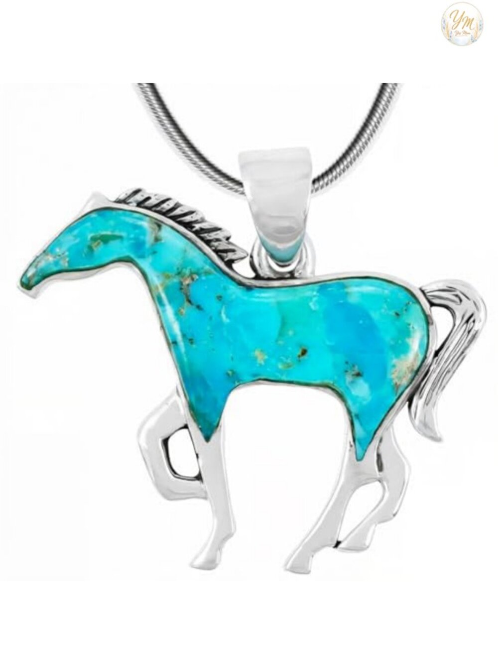 Solid 925 Sterling Silver Horse Pendant Necklace Turquoise Gemstone 20" Chain